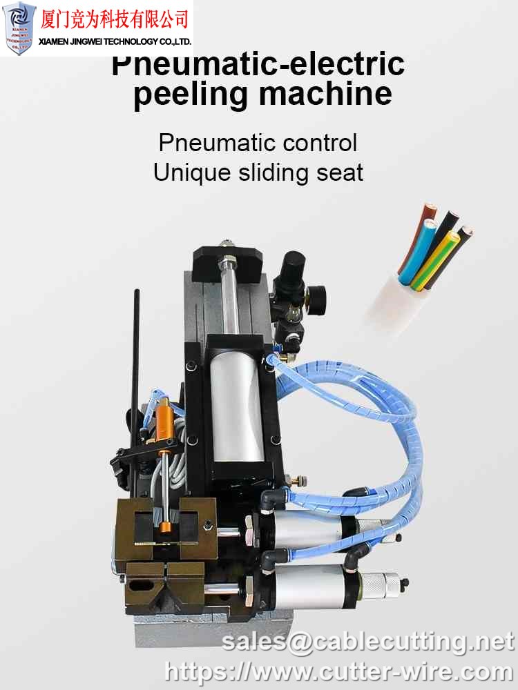 Gas-electric cable stripping machine Oblique back design, conform to the ergonomics. Double moving cylinder, free of spring breakage. The two cylinders of oil and gas self supply provide regular oil supply to cylinder, reduce internal wear and prolong service life. Unique slide seat, stable reciprocating stroke, accurate cutting and stripping. Pneumatic control, light and agile, easy to operate. Debug structure, adjust the thickness of the line of sight. It is suitable for the processing of large and small wires and long and short wires. Such as AC/DC, power cord, sheath wire, computer wire, electronic wire, multi-core wire, cable, flat line, etc.; Gas-electric cable stripping machine Oblique back design, conform to the ergonomics. Double moving cylinder, free of spring breakage. The two cylinders of oil and gas self supply provide regular oil supply to cylinder, reduce internal wear and prolong service life. Unique slide seat, stable reciprocating stroke, accurate cutting and stripping. Pneumatic control, light and agile, easy to operate. Debug structure, adjust the thickness of the line of sight. It is suitable for the processing of large and small wires and long and short wires. Such as AC/DC, power cord, sheath wire, computer wire, electronic wire, multi-core wire, cable, flat line, etc.;